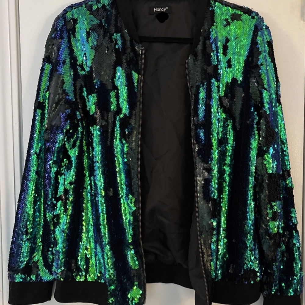 Women's Plus Size 2x Sequin Bomber Jacket - Black and Green NWOT